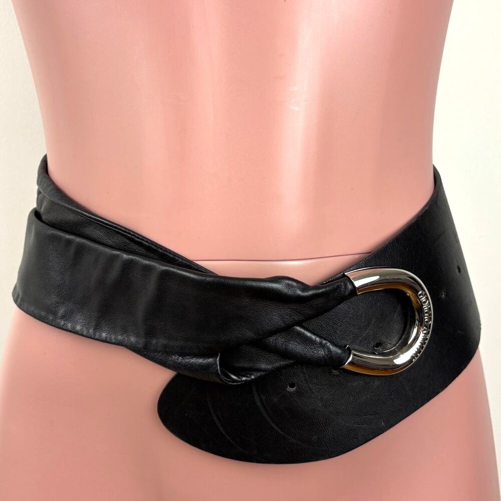 Giorgio Armani Back Leather Belt 3.5" Wide silver buckle size 42 (27.5"- 32.35")
